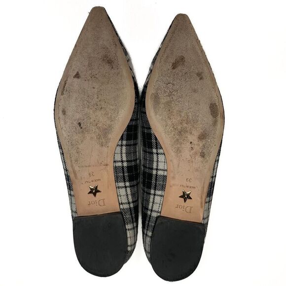 Dior J'Adior Tartan Print Wool Pointed Flats Logo Ribbon Trim EU 39 US 9 Black - Picture 8 of 11